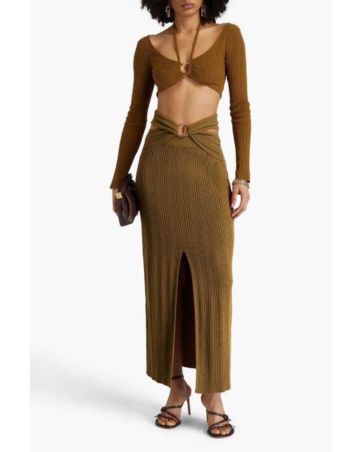 Nanushka Green Muyta Ring Embellished Ribbed Cotton-blend Midi Skirt