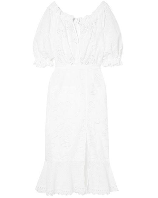 Saloni White Olivia Broderie Anglaise Cotton Midi Dress