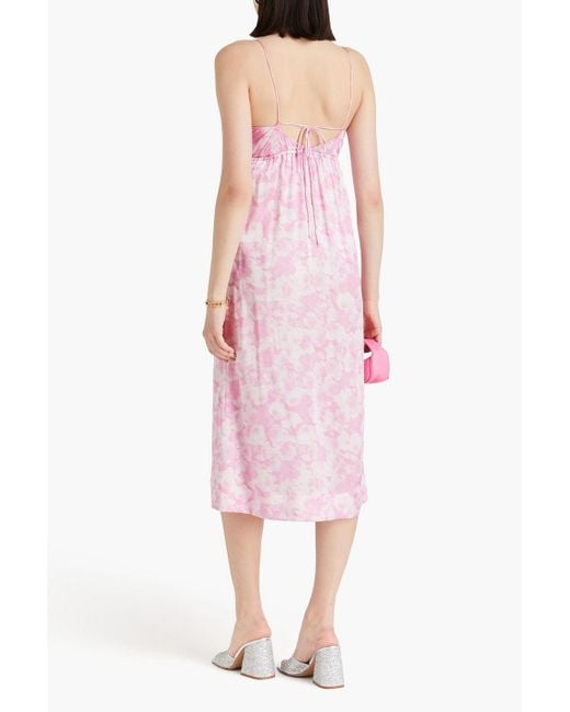 Ganni Pink Tie-detailed Printed Silk-blend Satin Midi Dress