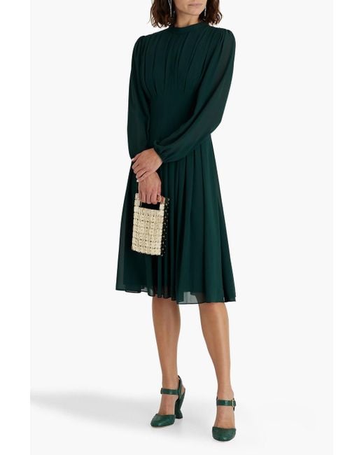 Mikael Aghal Green Pleated Chiffon Midi Dress