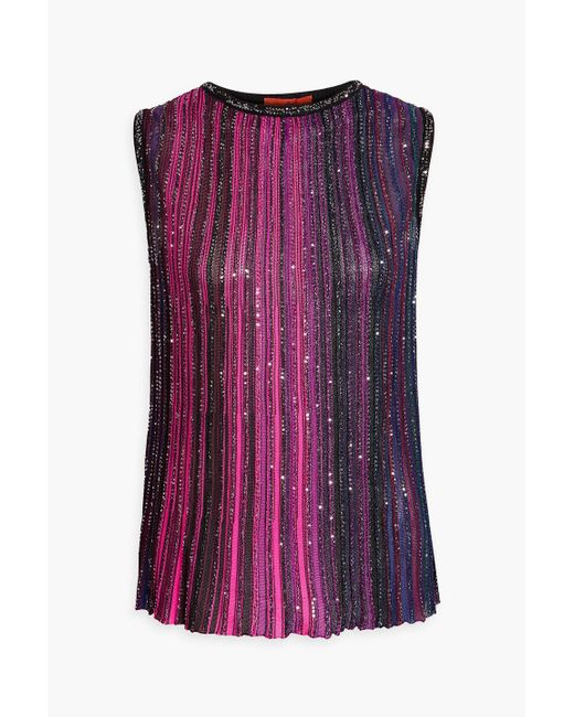 Missoni Purple Sequin-embellished Striped Ribbed-knit Top
