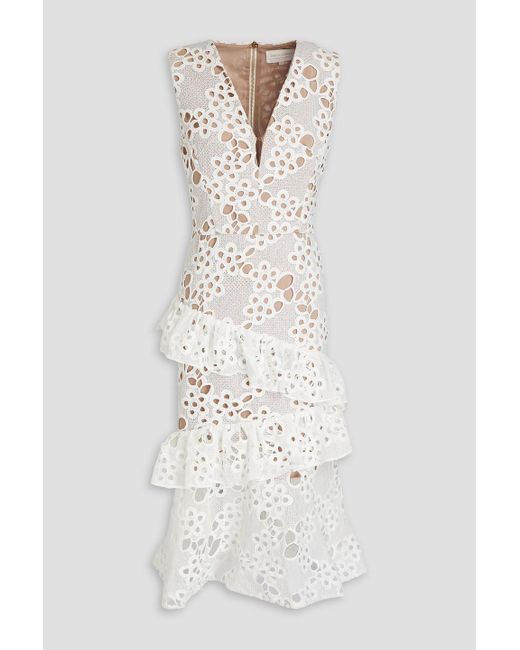 Bronx and Banco White Donna Ruffled Lace Midi Dress