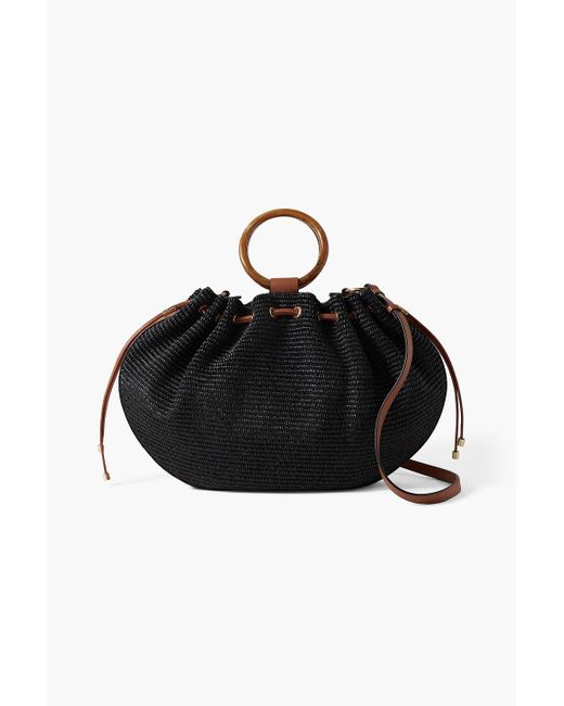 Ulla Johnson Black Valeria Large Leather-trimmed Ruched Raffia Shoulder Bag