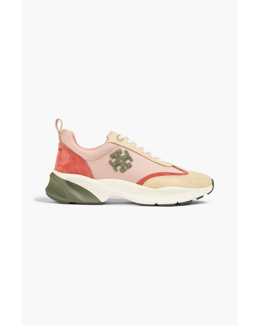 Tory Burch Pink Good Luck Color-block Shell And Suede Sneakers