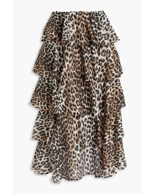 Ganni Multicolor Tiered Leopard-print -blendtm Voile Midi Skirt