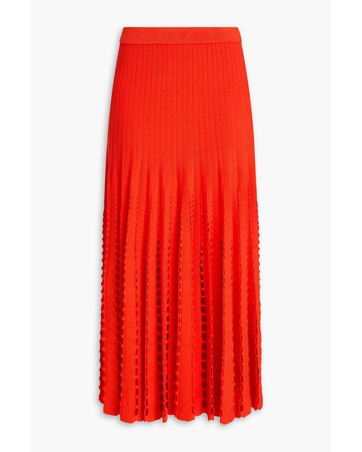 3.1 Phillip Lim Red Pleated Ribbed And Pointelle-Knit Midi Skirt