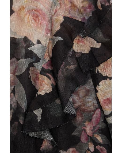 Zimmermann Black Ruffled Floral-Print Linen And Silk-Blend Shirt
