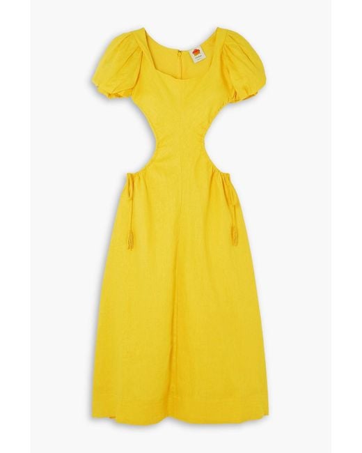 FARM Rio Cutout Bead-embellished Linen Midi Dress in Yellow | Lyst