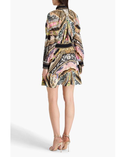 Camilla Multicolor Bedrucktes minikleid aus crêpe de chine aus seide mit kristallverzierung