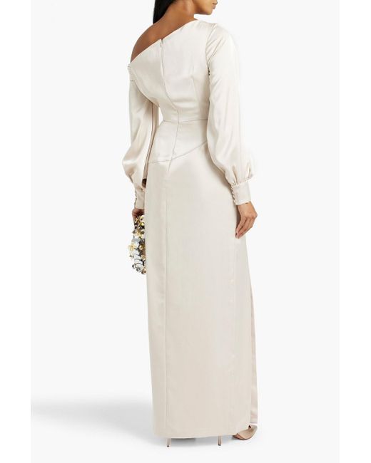 THEIA White One-shoulder Draped Satin-crepe Gown