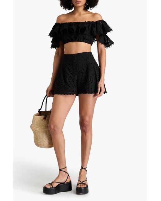 Charo Ruiz Black Gabrielle Embellished Broderie Anglaise Cotton-Blend Shorts