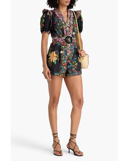 Farm Rio Black Belted Embellished Floral-Print Cotton Playsuit