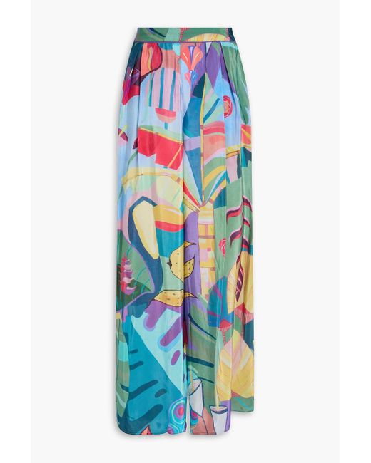 Farm Rio Blue Pleated Printed Crepe De Chine Wide-leg Pants