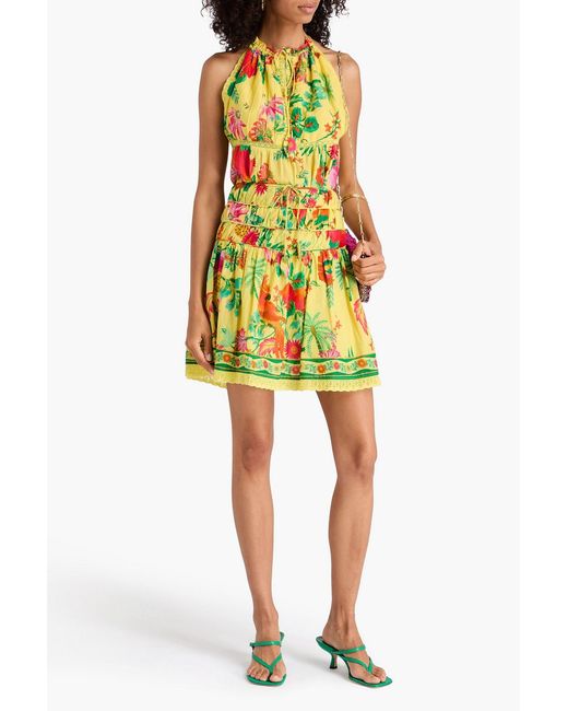 Farm Rio Green Lace-trimmed Floral-print Cotton Mini Skirt