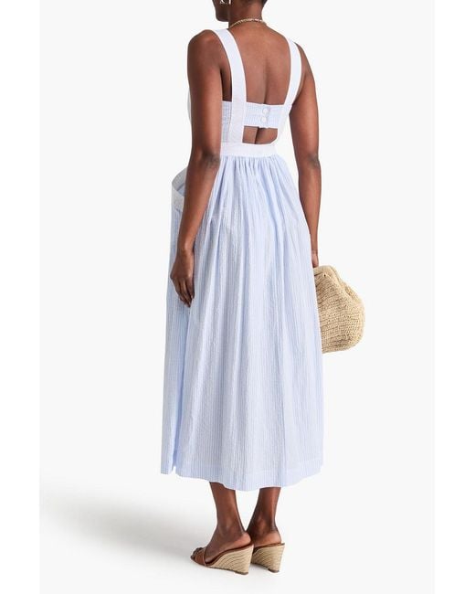 Sandro Blue Cutout Striped Cotton-Blend Seersucker Midi Dress