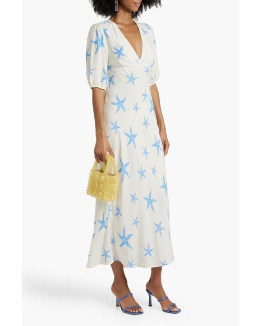 Rixo Blue Steph Cutout Printed Crepe De Chine Midi Dress