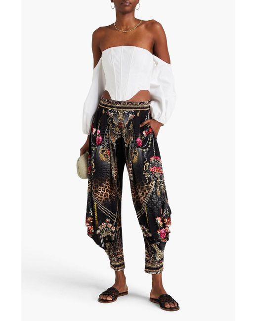 Camilla Black Crystal-embellished Printed Stretch-jersey Tapered Pants