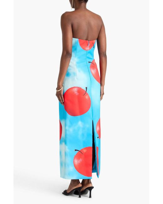 LEO LIN Blue Rayna Strapless Printed Satin Maxi Dress