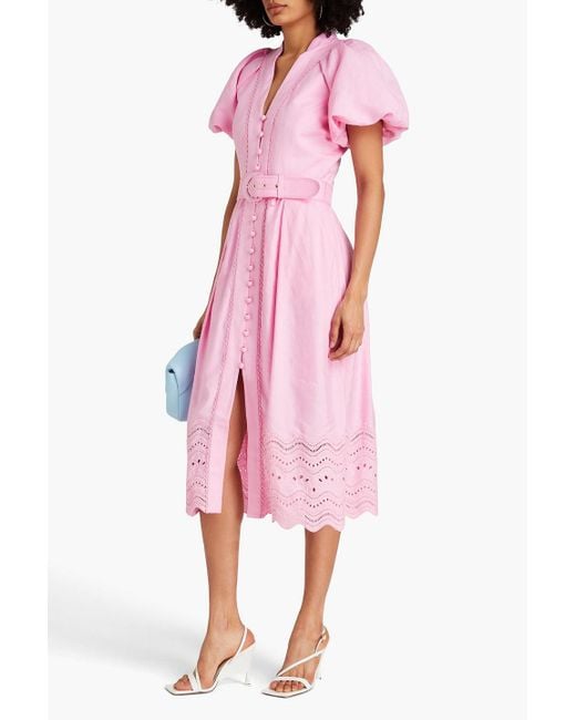 Rebecca Vallance Pink Emile Broderie Anglaise-trimmed Linen-blend Midi Dress