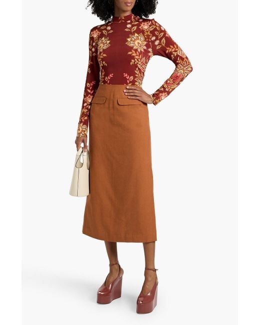 Farm Rio Brown Cotton And Lyocell-Blend Midi Skirt
