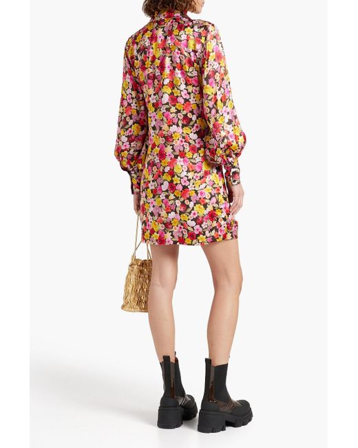 Ganni Ruched Floral-print Organic Silk-satin Mini Shirt Dress | Lyst