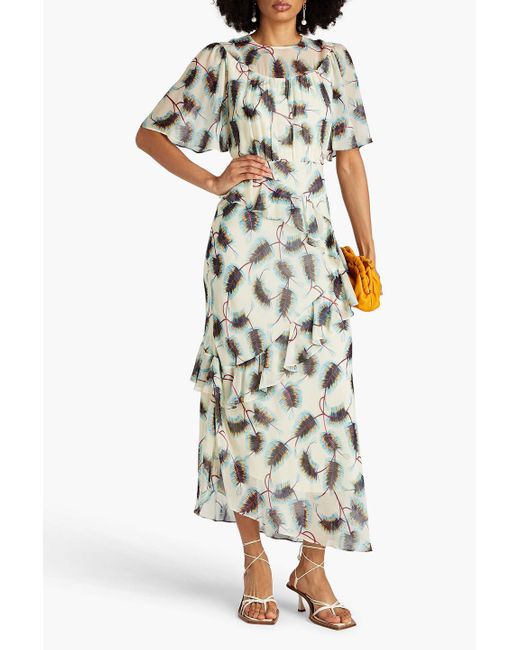 Saloni White Vida Ruffled Printed Silk-georgette Maxi Dress