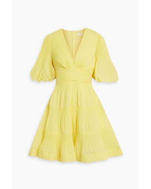 Zimmermann Yellow Tiered Plissé-organza Mini Dress