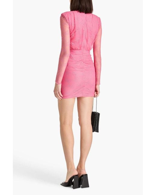 ROTATE BIRGER CHRISTENSEN Pink Ruched Lace Mini Dress