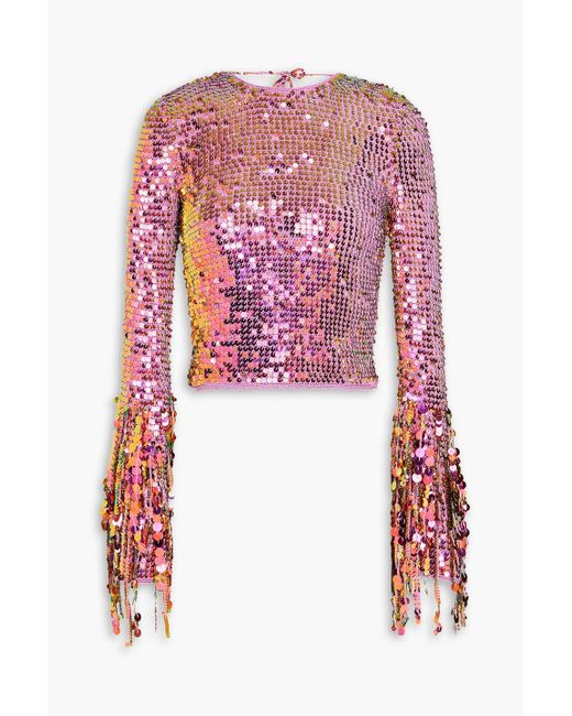 retroféte Red Miriam Open-back Fringed Sequined Crochet-knit Top