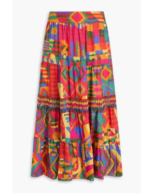 Farm Rio Red Bead-embellished Printed Linen-blend Midi Skirt