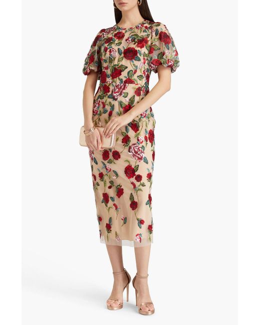 Marchesa Red Embroide Tulle Midi Dress