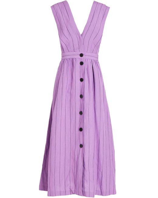 Sandro Purple Pulp Gathered Pinstriped Woven Midi Dress