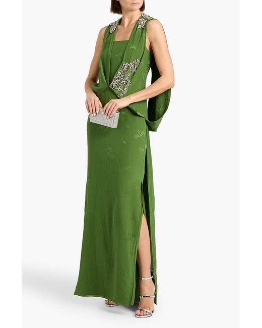 Erdem Green Crystal-Embellished Silk And Cotton-Blend Jacquard Gown