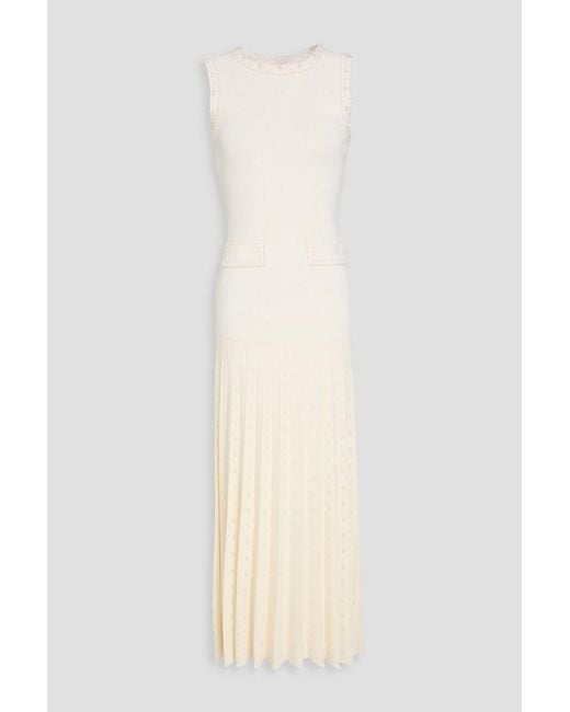 Sandro White Faux Pearl-Embellished Pointelle-Knit Maxi Dress