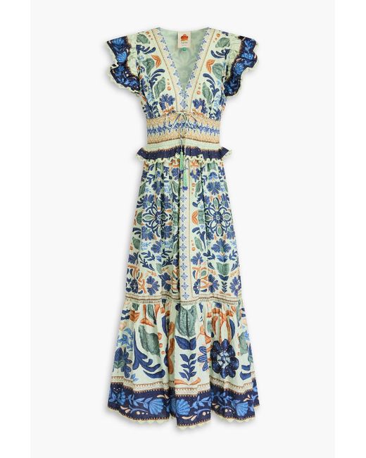 Farm Rio Blue Embellished Printed Swiss-dot Cotton Midi Dress