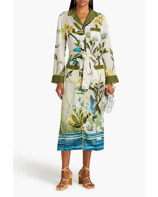F.R.S For Restless Sleepers Green Belted Floral-print Silk Charmeuse Midi Shirt Dress