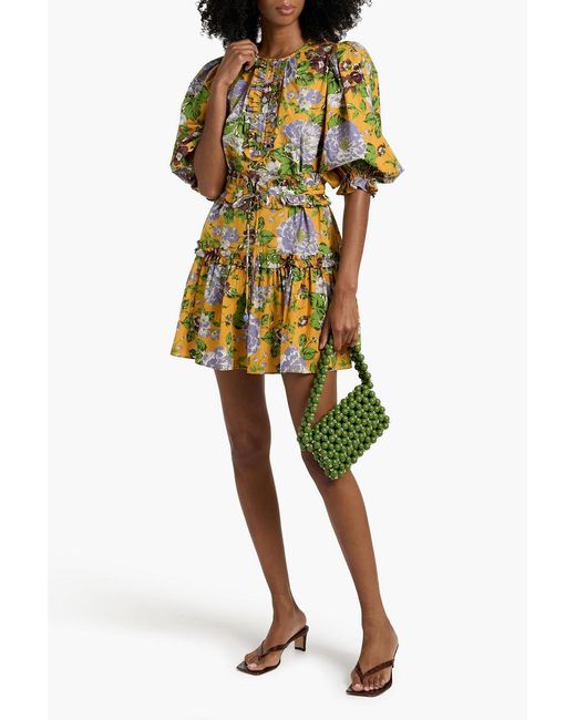 Farm Rio Yellow Ruffled Floral-Print Cotton-Broadcloth Mini Dress