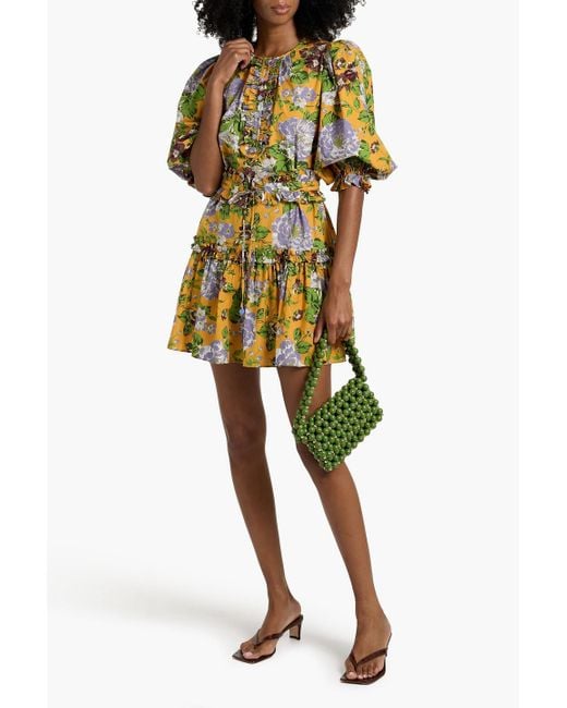 Farm Rio Yellow Ruffled Floral-Print Cotton-Broadcloth Mini Dress