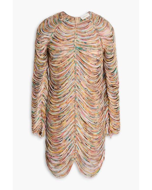 Zimmermann Natural Fringed Printed Organza Mini Dress