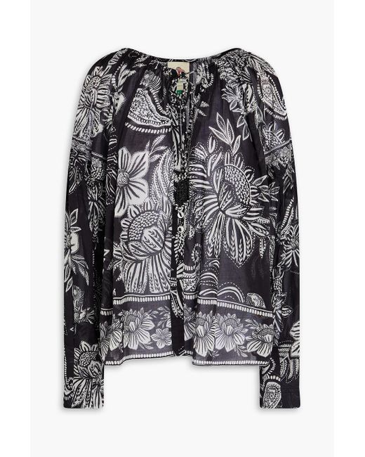 Farm Rio Black Bluse aus baumwoll-voile mit print und verzierung