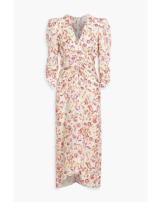 Isabel Marant Pink Ruched Printed Satin-Jacquard Midi Dress