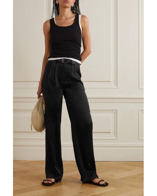 Anine Bing Black Carrie Pleated Silk-charmeuse Straight-leg Pants