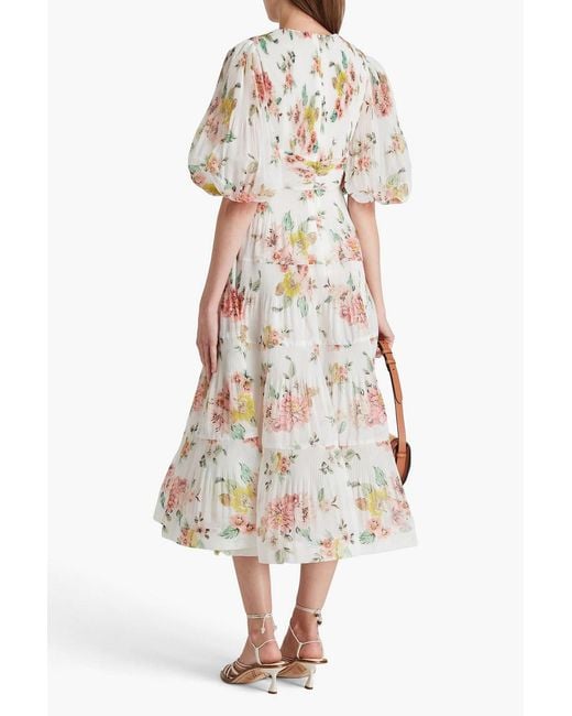 Zimmermann White Tiered Floral-print Plissé-organza Midi Dress