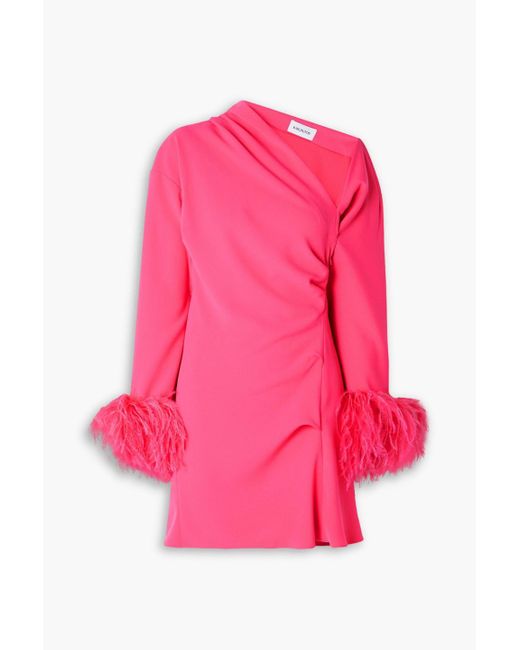 16Arlington Pink One-shoulder Feather-embellished Draped Crepe Mini Dress