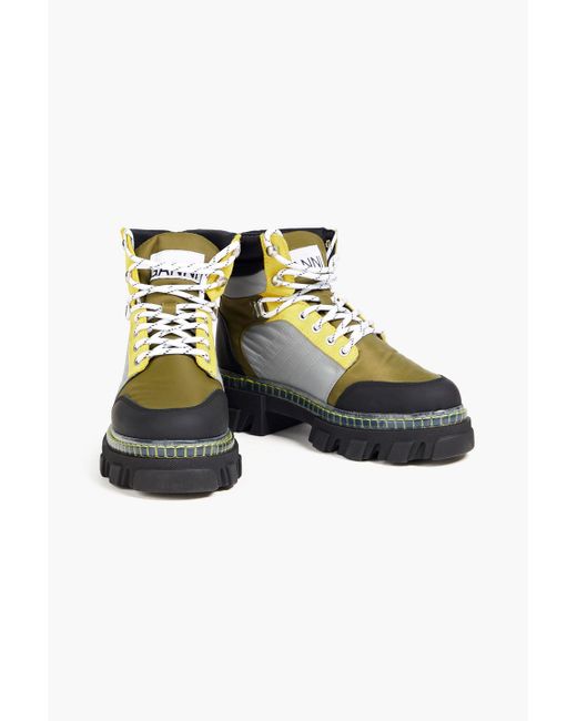 Ganni Green Color-block Shell, Suede And Faux Leather Hiking Boots