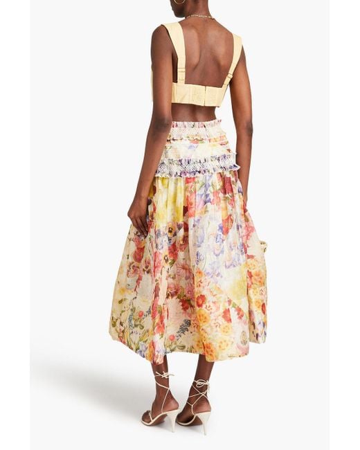 Zimmermann Yellow Ruffled Floral-print Linen And Silk-blend Gauze Midi Skirt