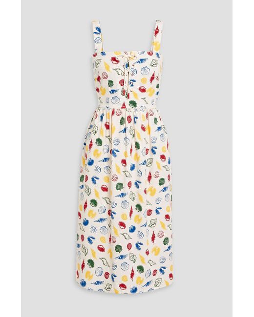 HVN White Laura Lace-Up Printed Cotton-Blend Poplin Midi Dress