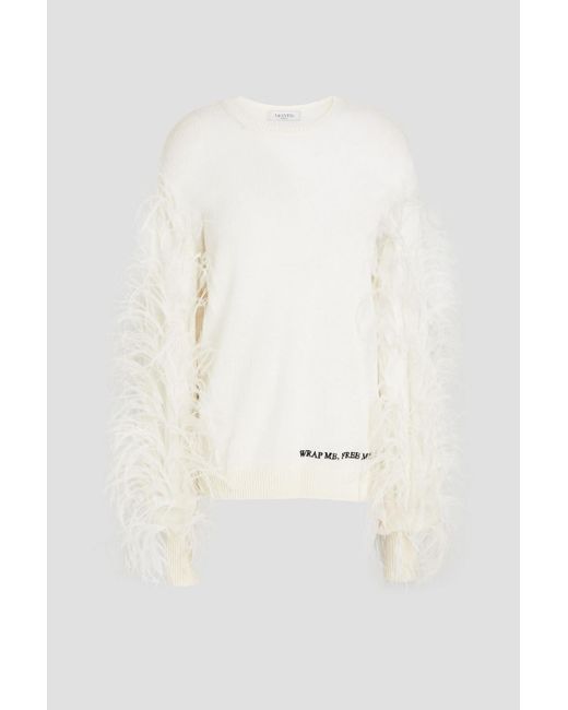 Valentino Garavani Natural Feather-embellished Wool And Cashmere-blend Sweater