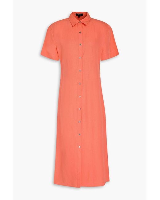 Theory Linen Midi Shirt Dress in Orange | Lyst