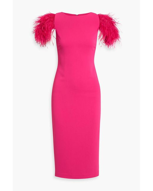 Badgley Mischka Pink Feather-Trimmed Crepe Dress